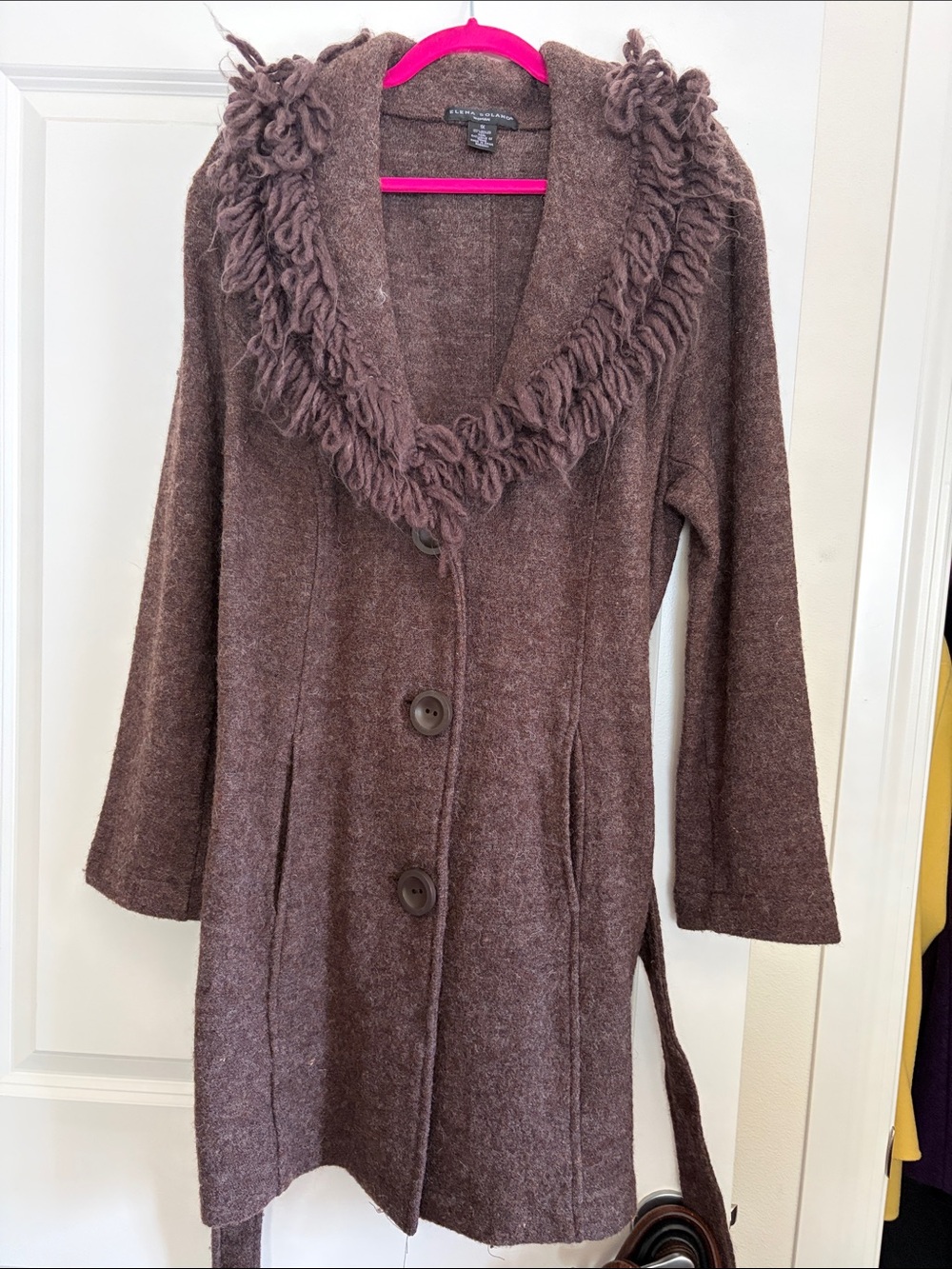 Fringed Shawl Collar Brown Button-Up Coat
